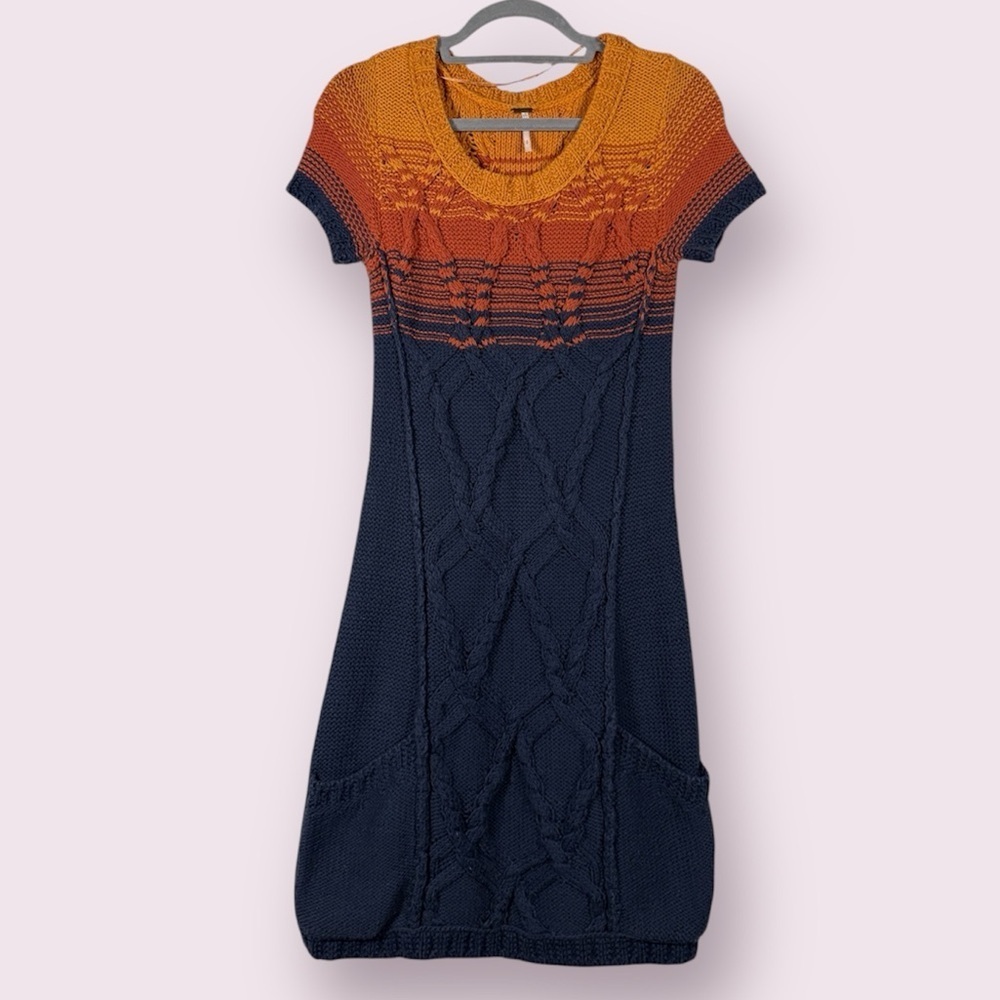 Free People Orange and Navy Blue Sunset Knit Sweater Dress Small